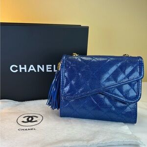 CHANEL RARE CC Lizard Blue Double Flap 24K Goldplated HDW #1 1989-91 COA box bag